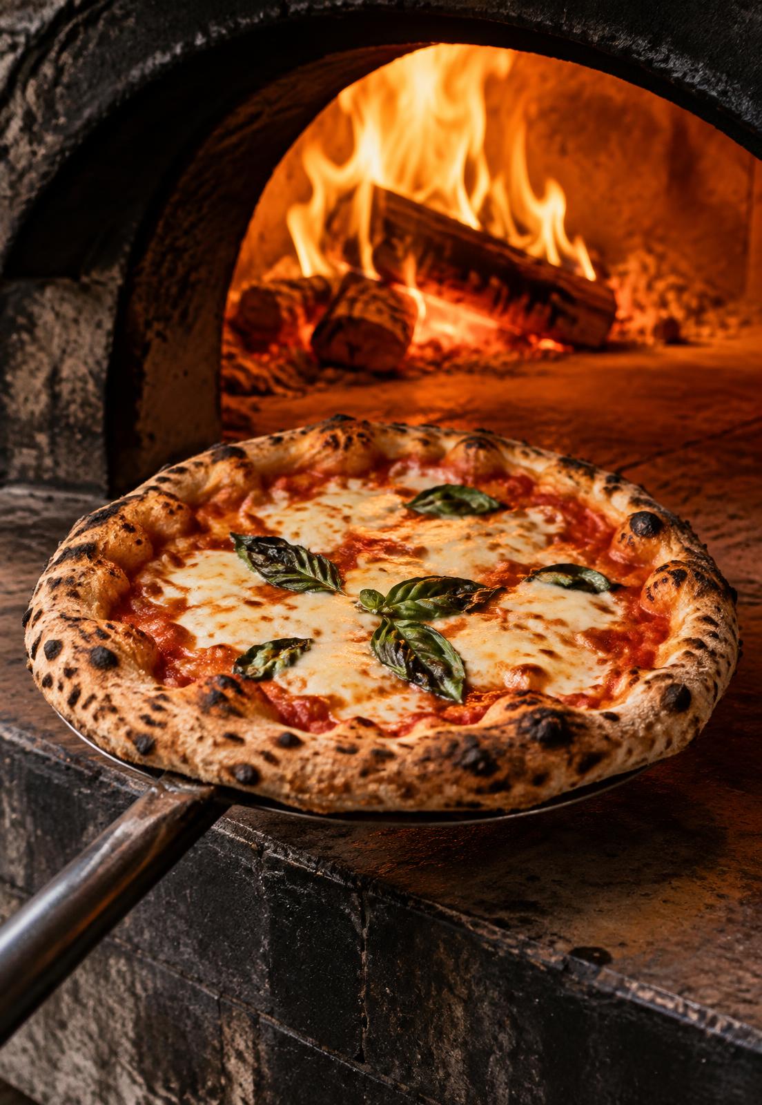 Pizza napoletana saindo do forno a lenha