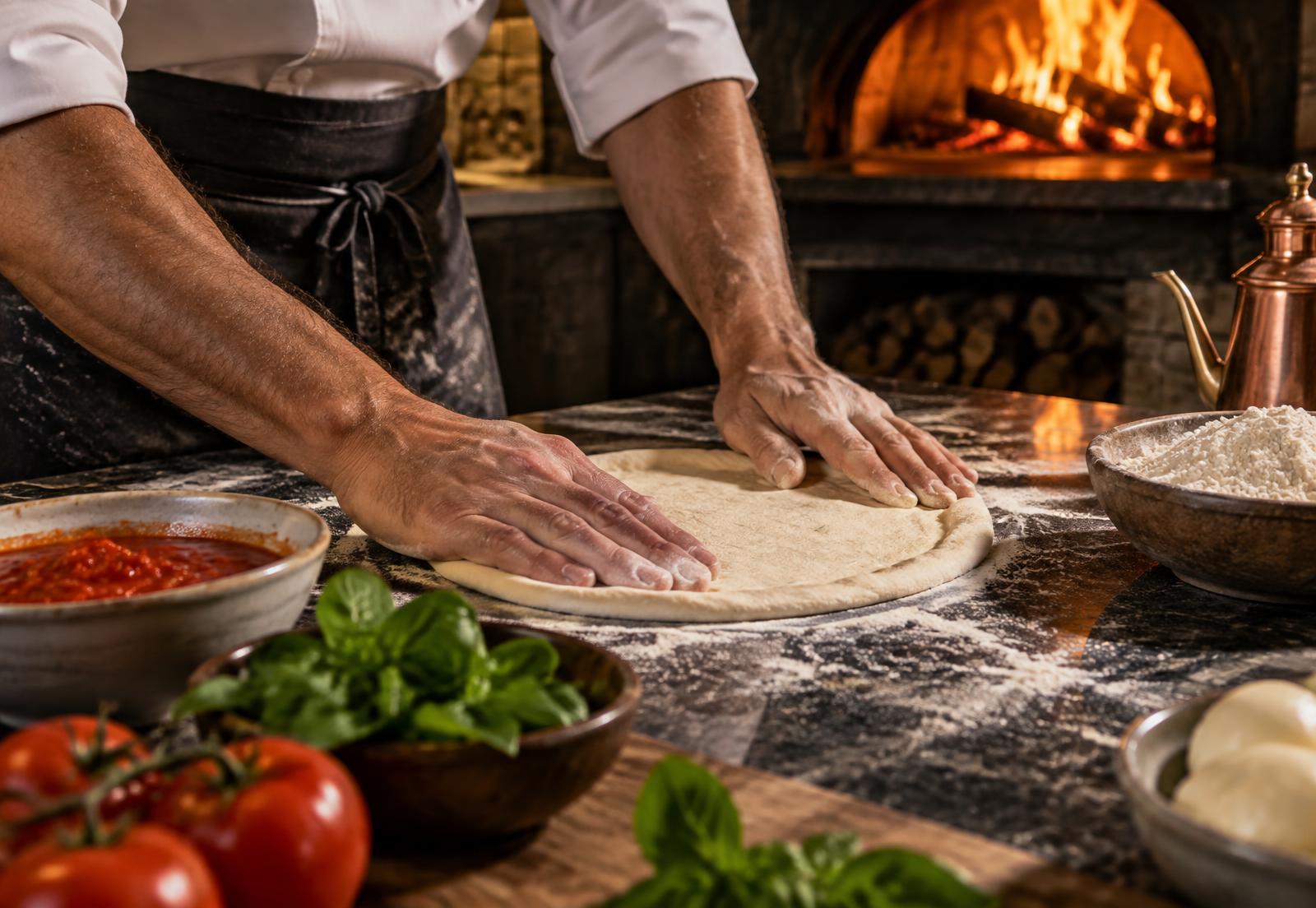 Massa de pizza napoletana sendo aberta artesanalmente